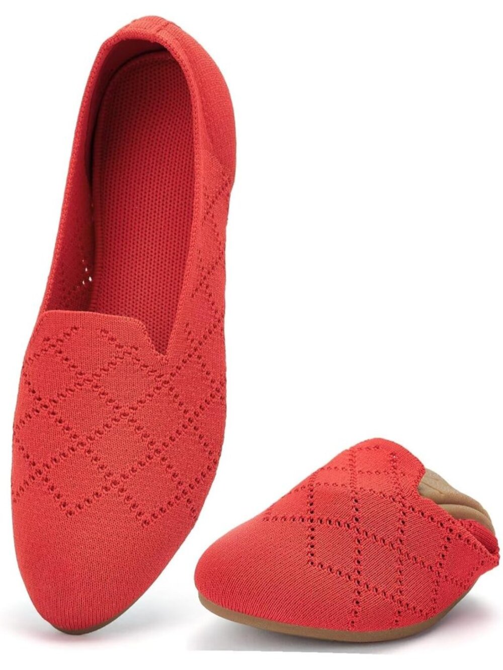 Women's Red Ballet Flat Knit Round Toe Textile Slip On Walking Shoes